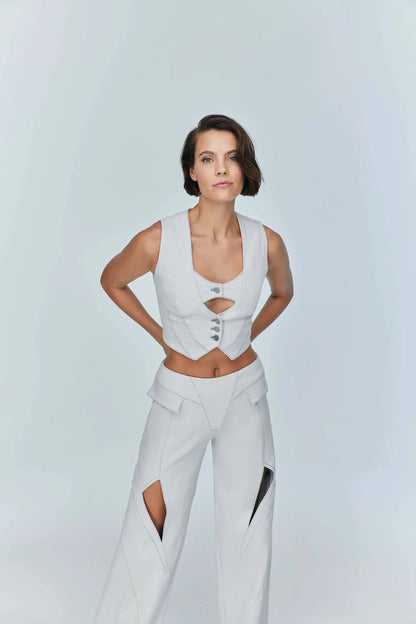 JENDUE Myla Denim Top - Light Blue Cut-Out Vest by Jendue