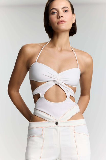 JENDUE Neo Denim Jersey Crop Top - White Halter Cut-Out by Jendue US