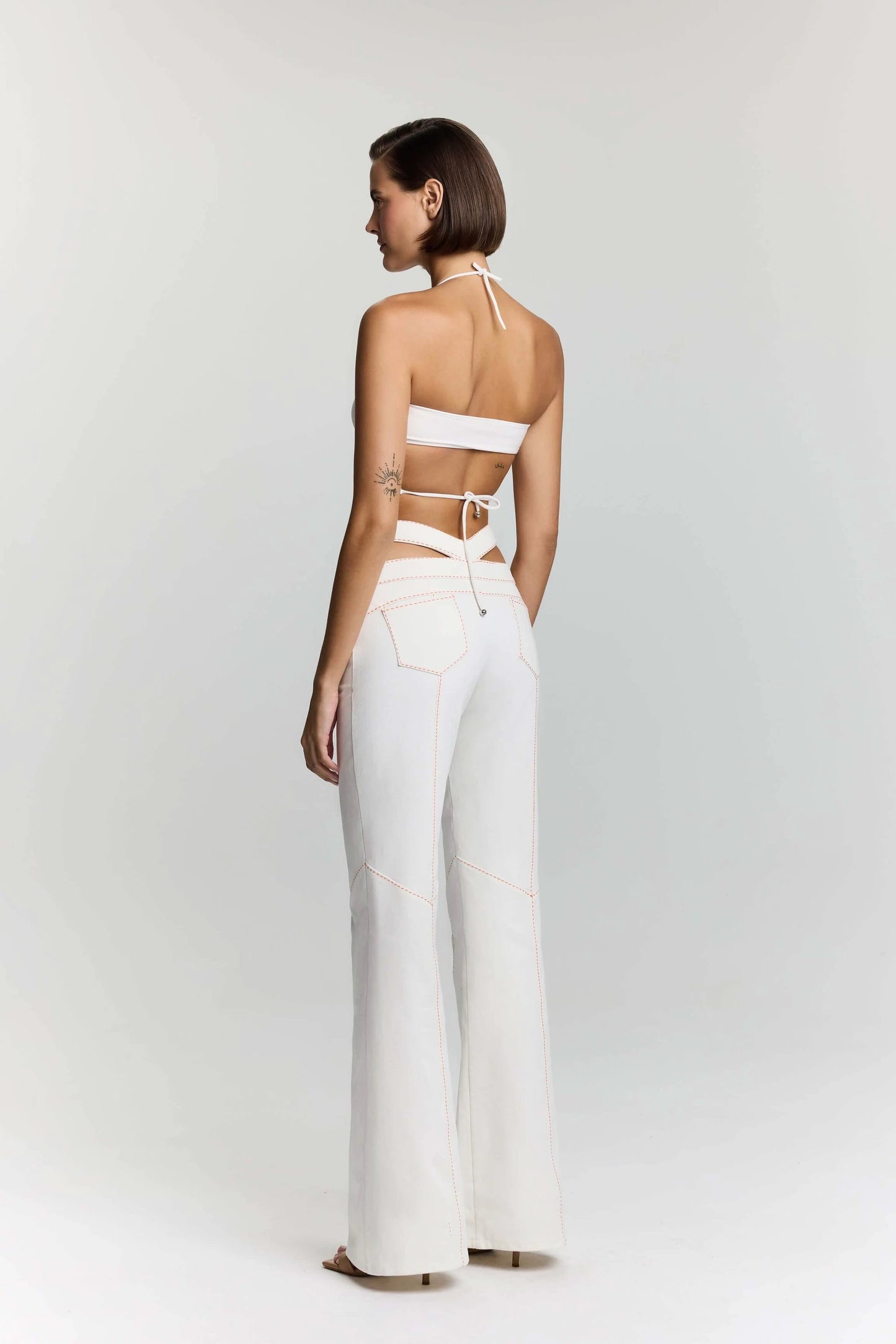 JENDUE Neo Denim Jersey Crop Top - White Halter Cut-Out by Jendue US