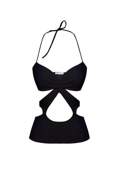 JENDUE Neo Denim Jersey Crop Top - White Halter Cut-Out by Jendue US