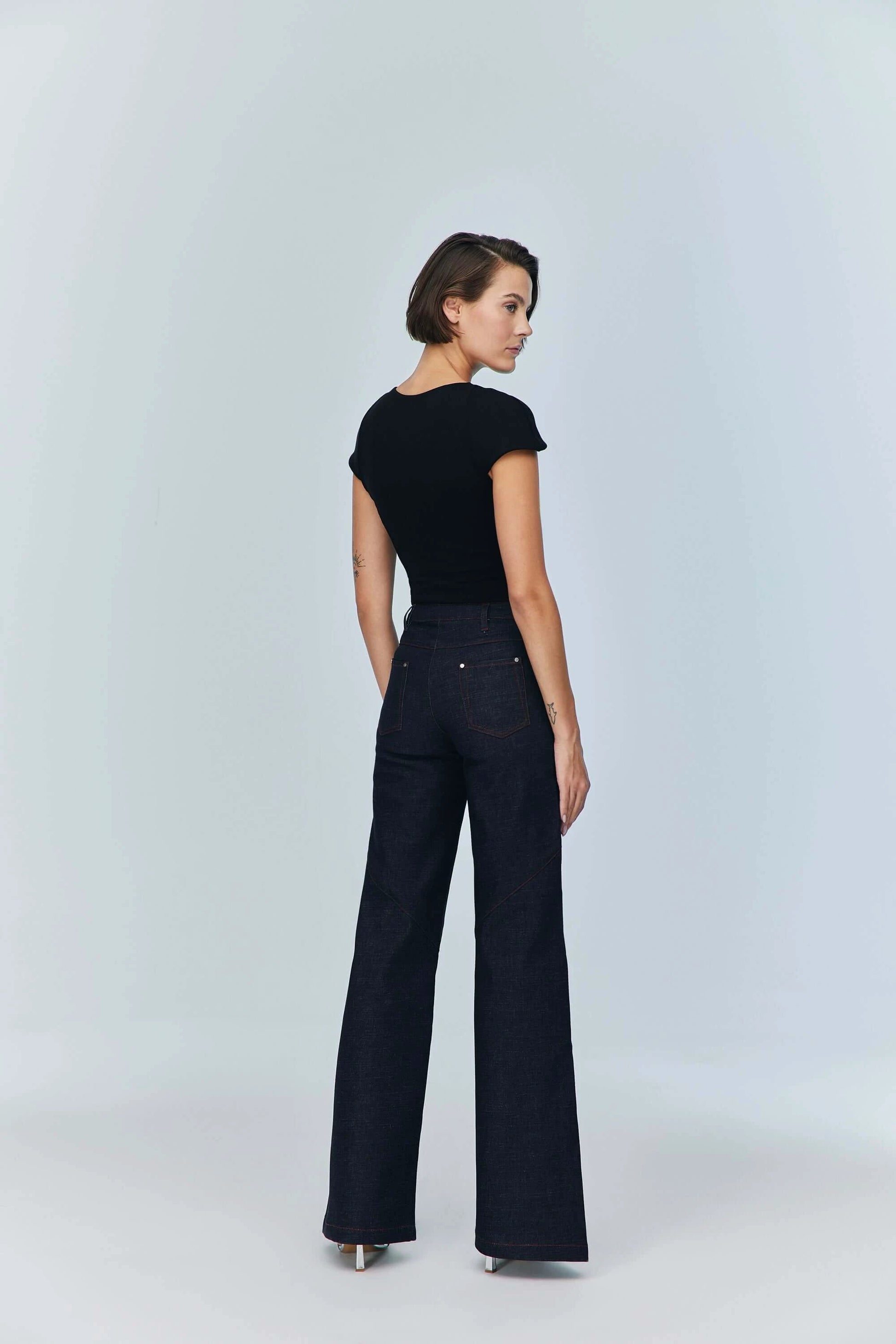 JENDUE Otara Black Bodysuit | Stylish Cut-Out Denim Top by Jendue