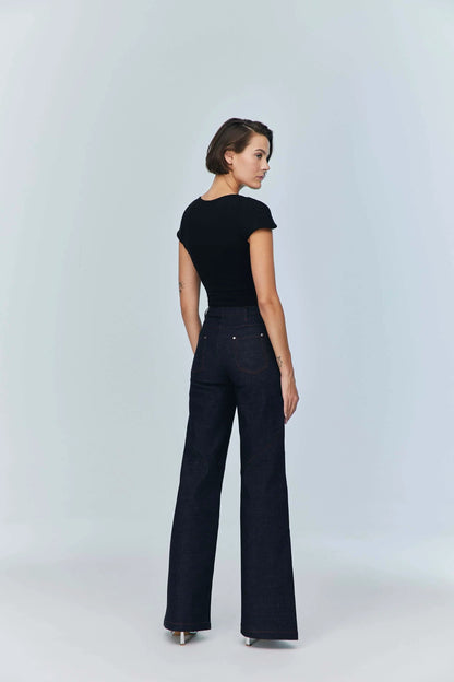 JENDUE Otara Black Bodysuit | Stylish Cut-Out Denim Top by Jendue