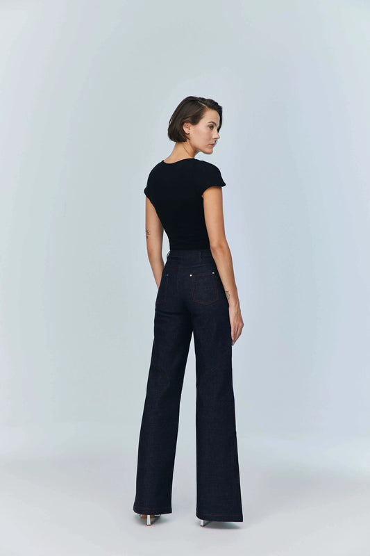 JENDUE Otara Black Bodysuit | Stylish Cut-Out Denim Top by Jendue