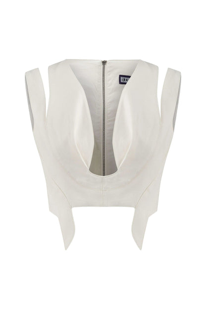 JENDUE Ron 3D Denim Crop Top - White, Sculptural, Back Zip by Jendue