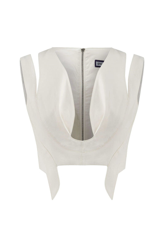 JENDUE Ron 3D Denim Crop Top - White, Sculptural, Back Zip by Jendue