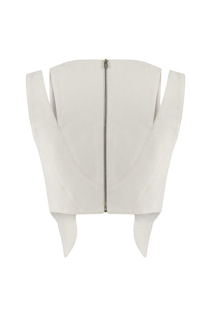 JENDUE Ron 3D Denim Crop Top - White, Sculptural, Back Zip by Jendue