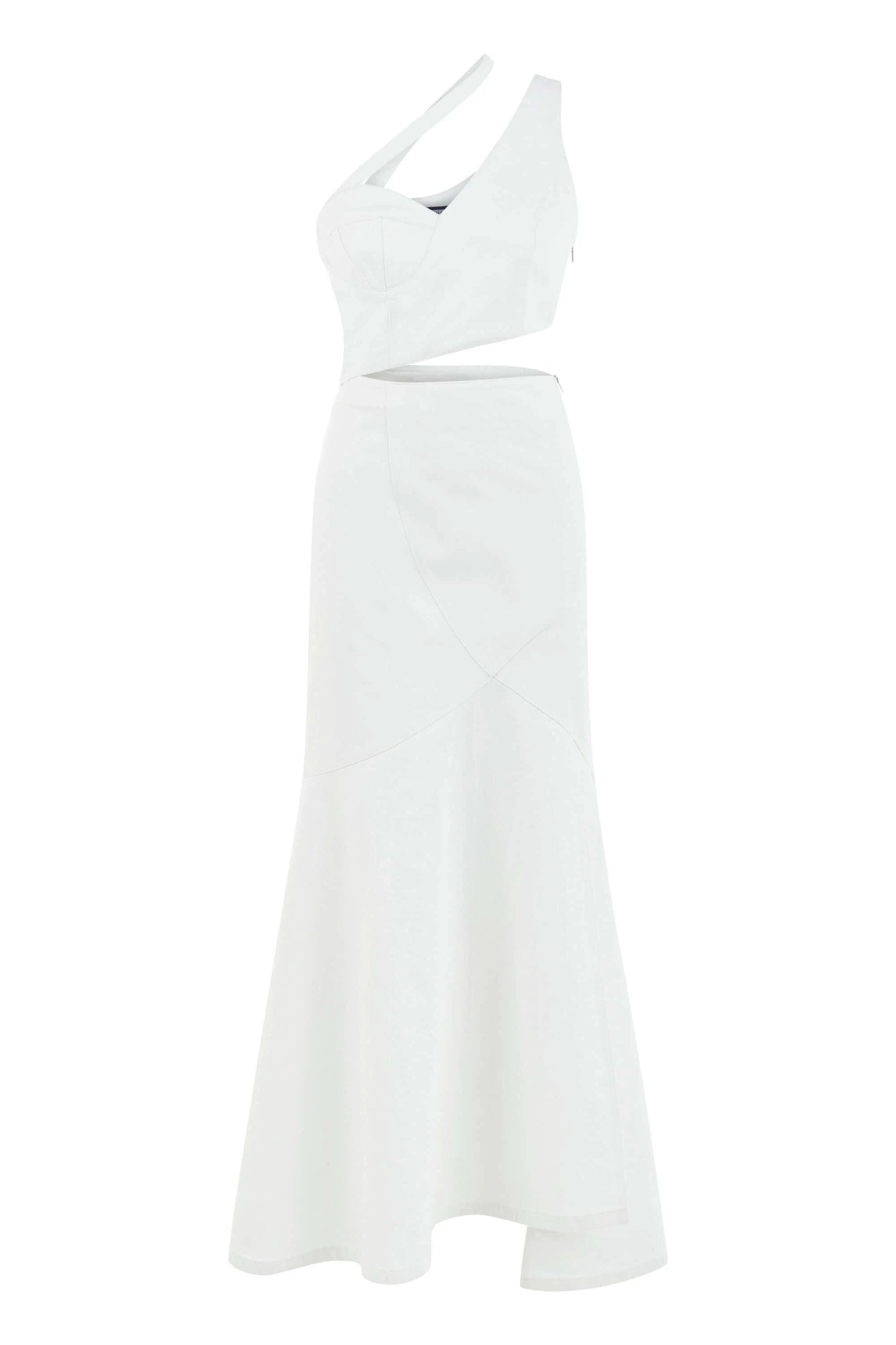 JENDUE Ron Asymmetric White Denim Maxi Dress - Elegant by Jendue