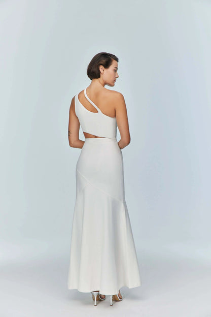 JENDUE Ron Asymmetric White Denim Maxi Dress - Elegant by Jendue
