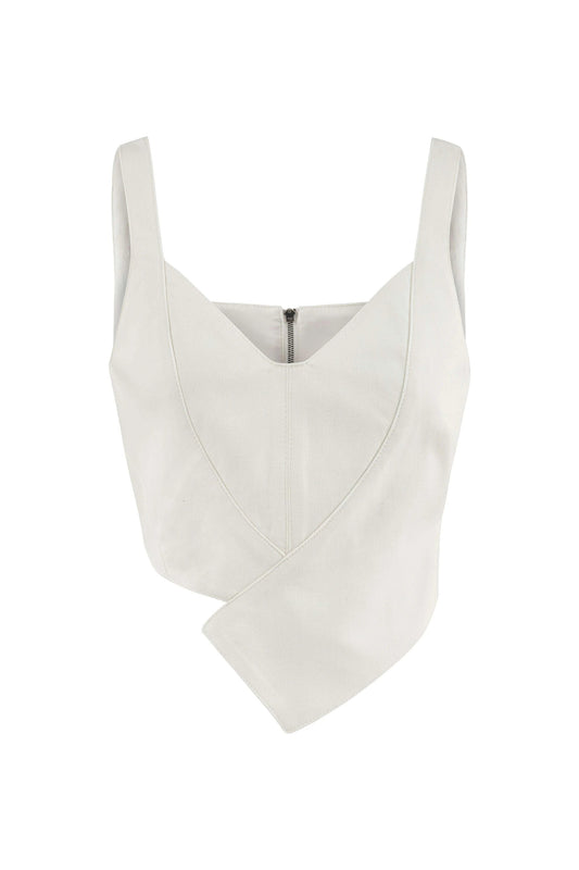 JENDUE Ron Crop Denim Top - Stylish White Asymmetrical Top by Jendue