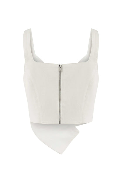 JENDUE Ron Crop Denim Top - Stylish White Asymmetrical Top by Jendue