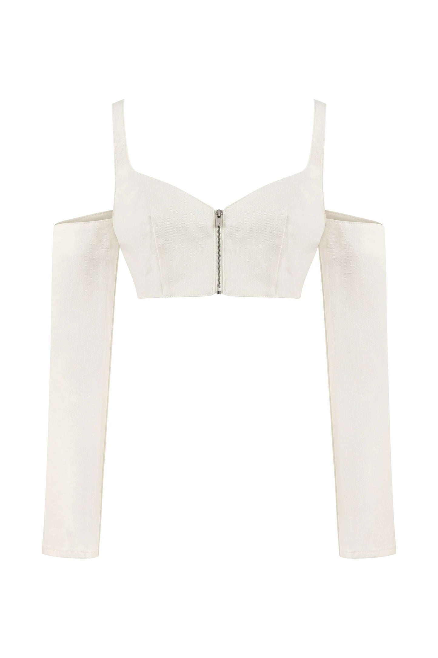 JENDUE Ron Long Sleeve Denim Top - White Off-Shoulder by Jendue