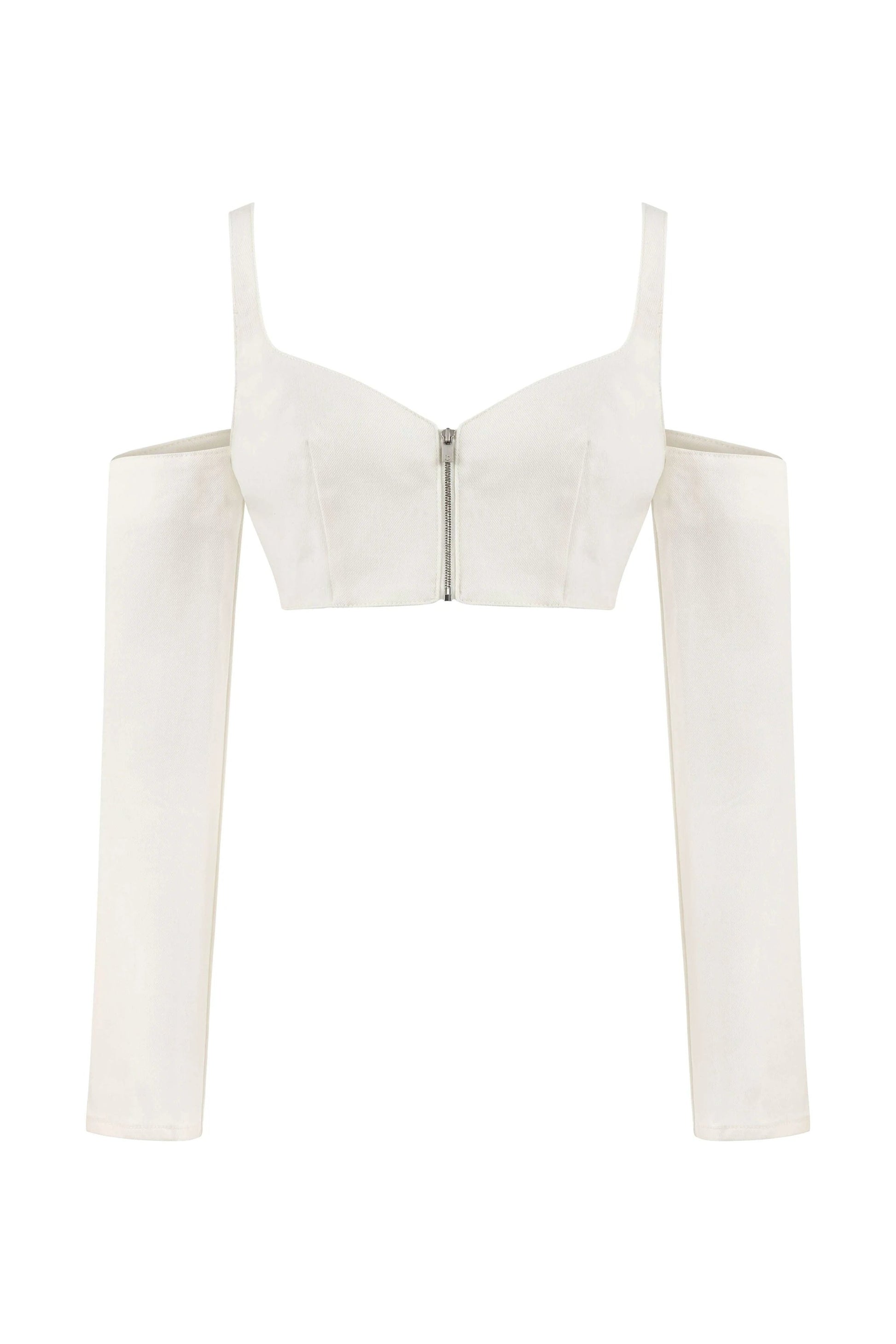 JENDUE Ron Long Sleeve Denim Top - White Off-Shoulder by Jendue
