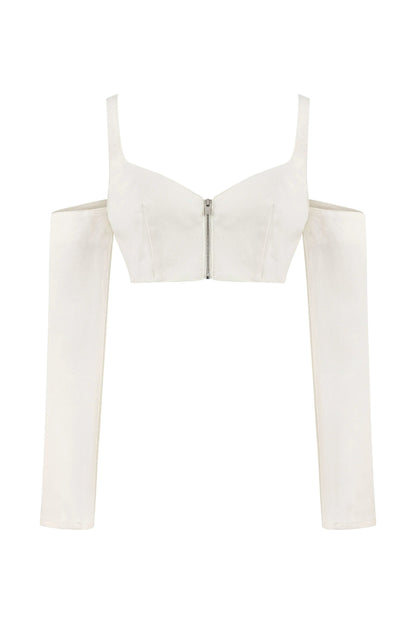 JENDUE Ron Long Sleeve Denim Top - White Off-Shoulder by Jendue