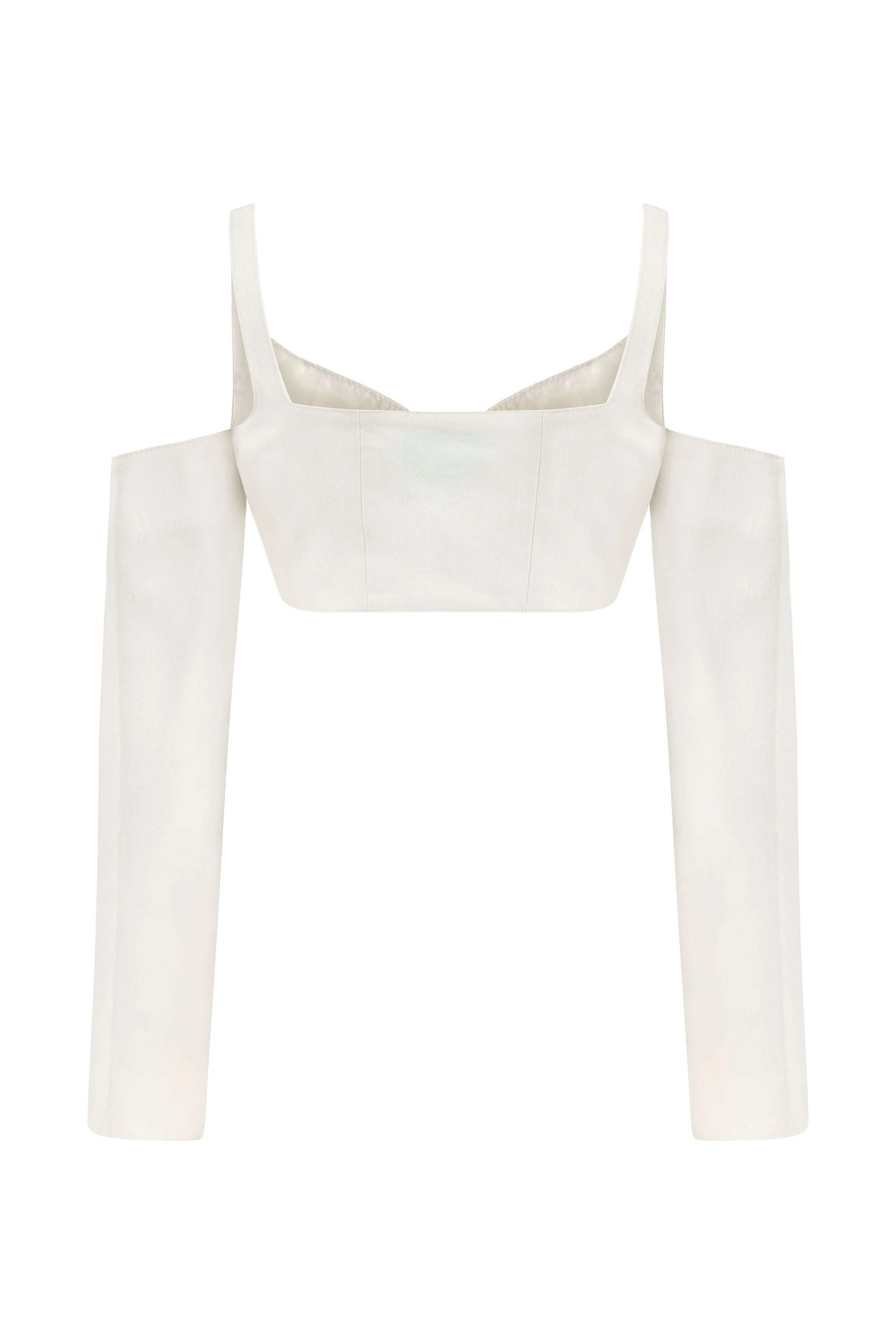 JENDUE Ron Long Sleeve Denim Top - White Off-Shoulder by Jendue