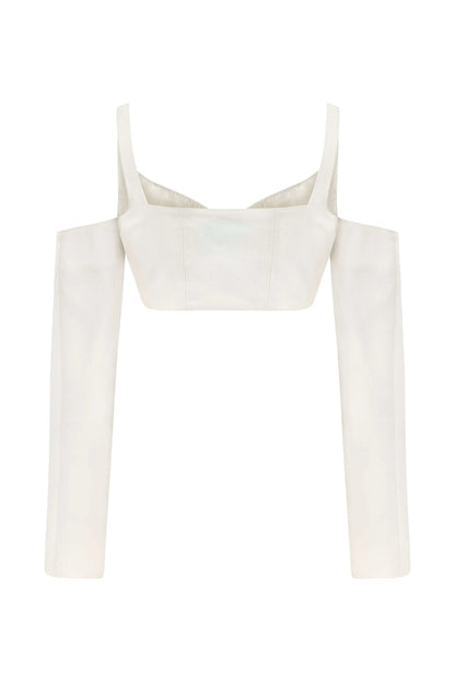 JENDUE Ron Long Sleeve Denim Top - White Off-Shoulder by Jendue
