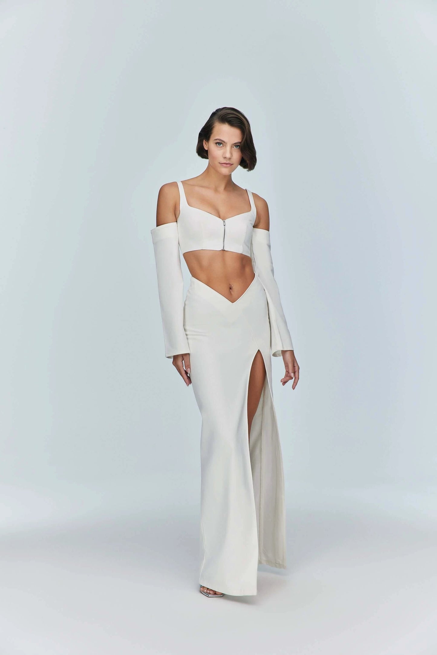 JENDUE Ron Long Sleeve Denim Top - White Off-Shoulder by Jendue