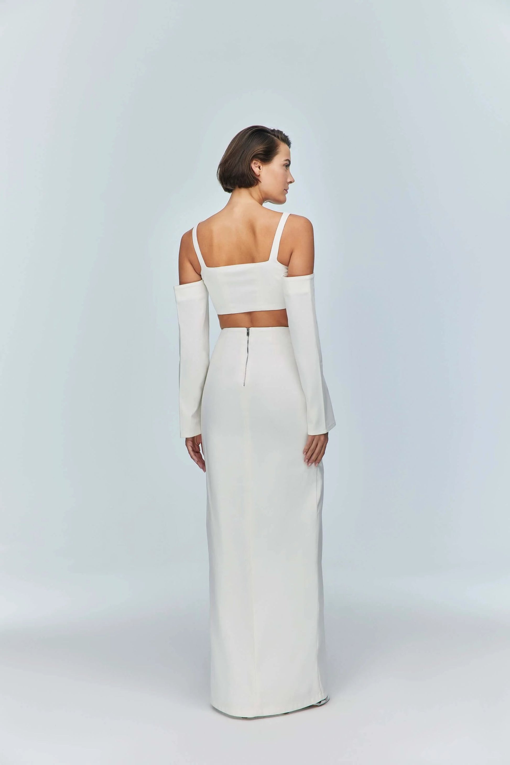 JENDUE Ron Long Sleeve Denim Top - White Off-Shoulder by Jendue