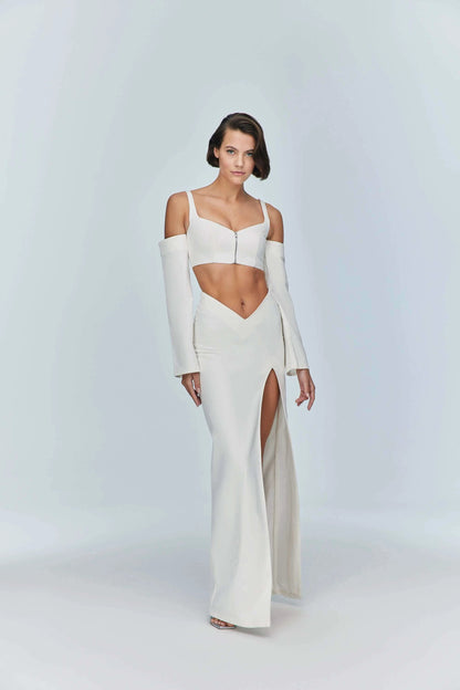 JENDUE Ron Maxi Denim Skirt - High Slit White Denim Skirt by Jendue