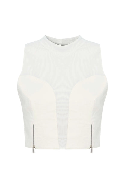 JENDUE Serena Denim Linen Crop Top - White Sheer & Denim by Jendue US