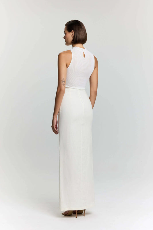 JENDUE Serena Denim Linen Crop Top - White Sheer & Denim by Jendue US