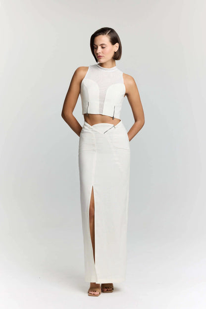 JENDUE Serena Denim Linen Skirt - White | Shop Maxi Skirts by Jendue US