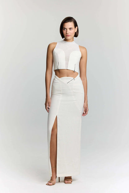 JENDUE Serena Denim Linen Skirt - White | Shop Maxi Skirts by Jendue US