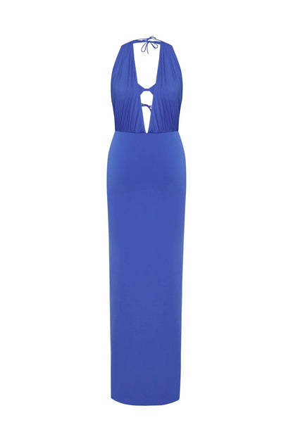 JENDUE Siena Denim Maxi Dress - Elegant Halter Neck Cut-Out by Jendue