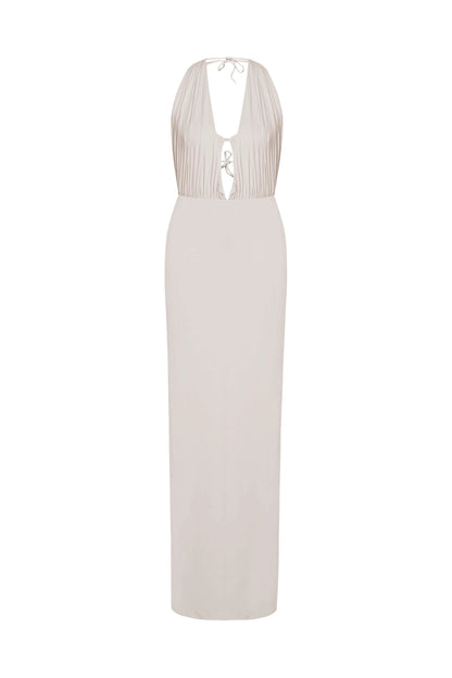 JENDUE Siena Denim Maxi Dress - Elegant Halter Neck Cut-Out by Jendue