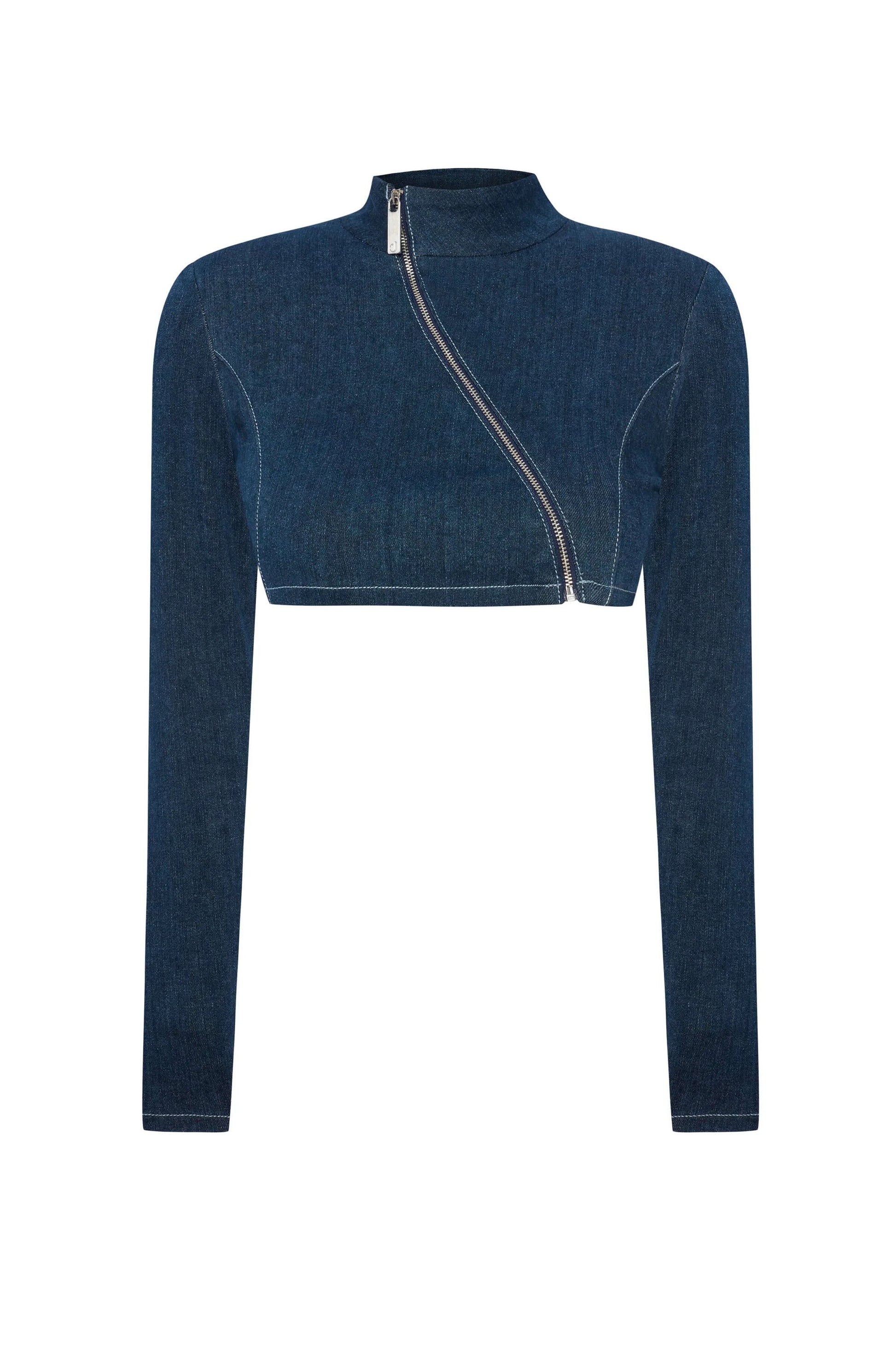 JENDUE Spin Denim Jacket - Cropped, Asymmetrical Zip Top by Jendue
