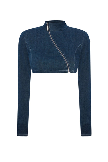JENDUE Spin Denim Jacket - Cropped, Asymmetrical Zip Top by Jendue