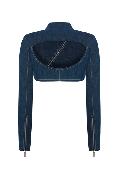 JENDUE Spin Denim Jacket - Cropped, Asymmetrical Zip Top by Jendue