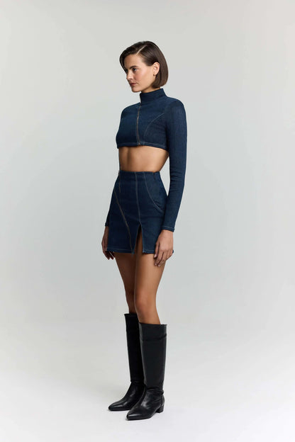 JENDUE Spin Denim Jacket - Cropped, Asymmetrical Zip Top by Jendue