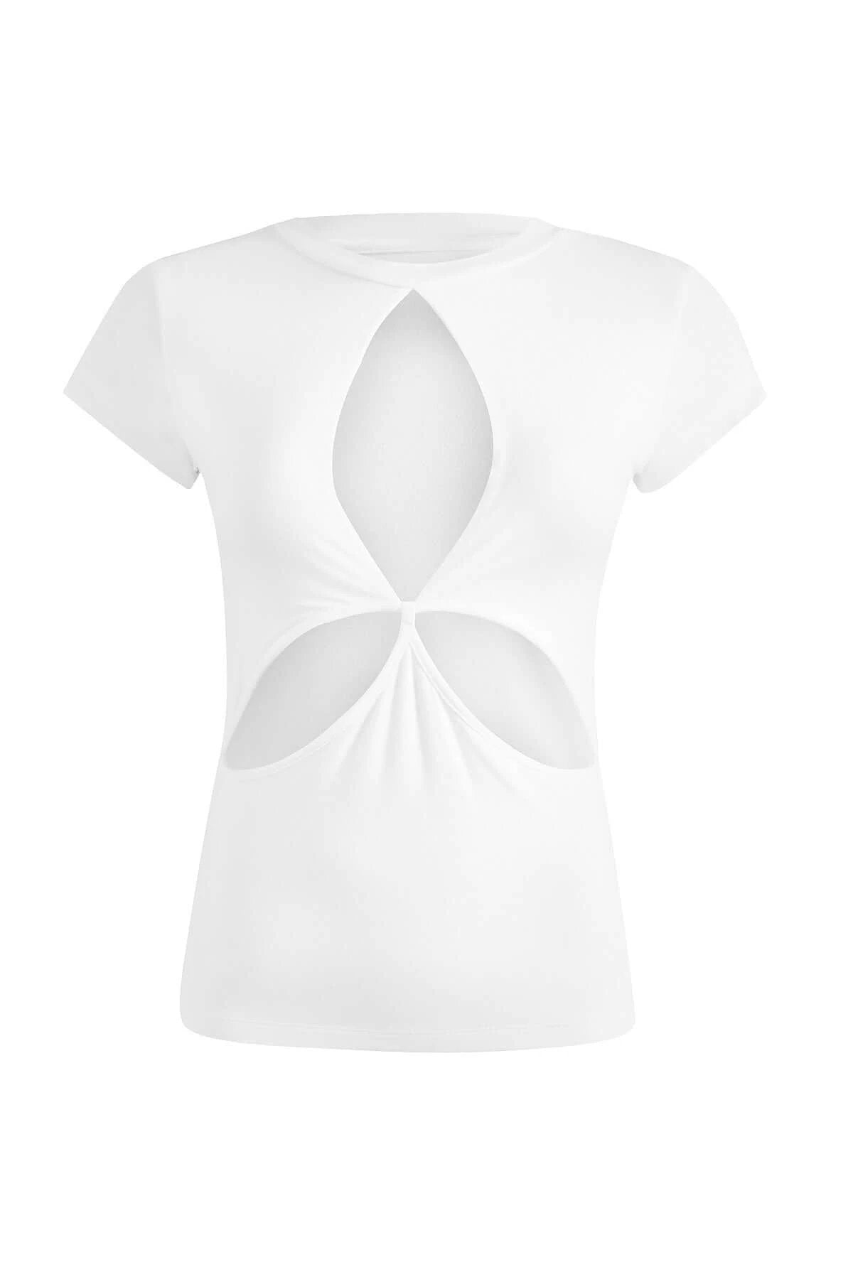 JENDUE Stella Denim T-Shirt - White Cut-Out Top by Jendue