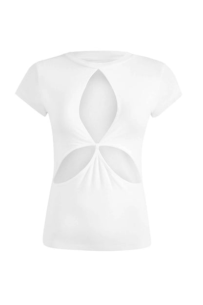 JENDUE Stella Denim T-Shirt - White Cut-Out Top by Jendue