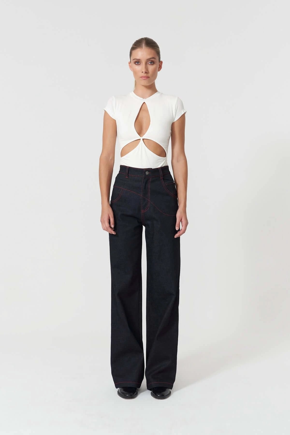 JENDUE Stella Denim T-Shirt - White Cut-Out Top by Jendue
