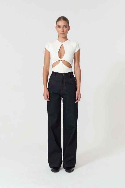 JENDUE Stella Denim T-Shirt - White Cut-Out Top by Jendue