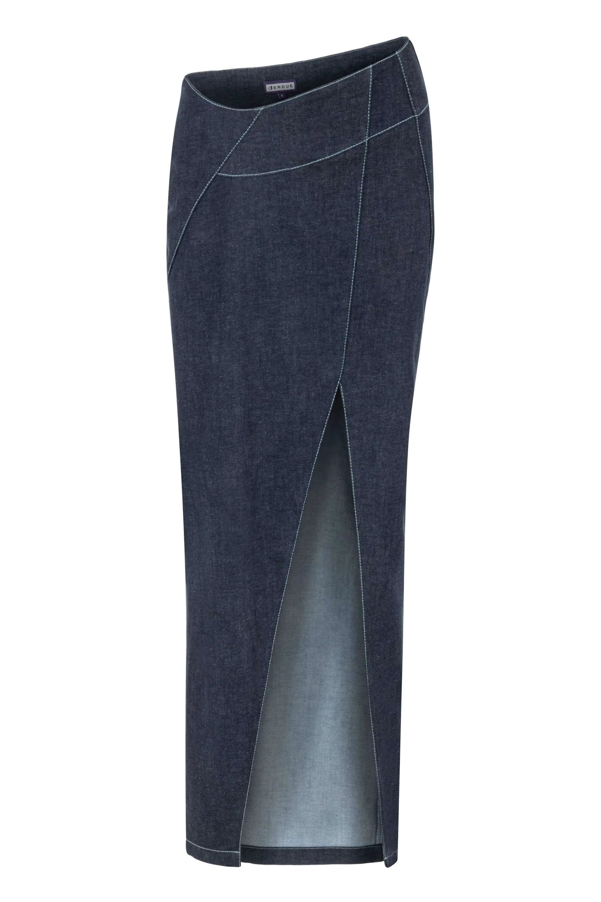 JENDUE Vonk Asymmetric Denim Skirt - Stylish High-Slit Midi by Jendue