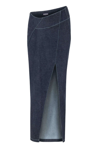 JENDUE Vonk Asymmetric Denim Skirt - Stylish High-Slit Midi by Jendue