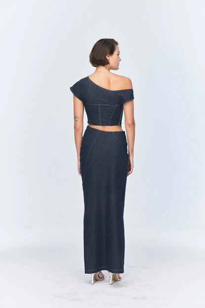 JENDUE Vonk Asymmetric Denim Skirt - Stylish High-Slit Midi by Jendue