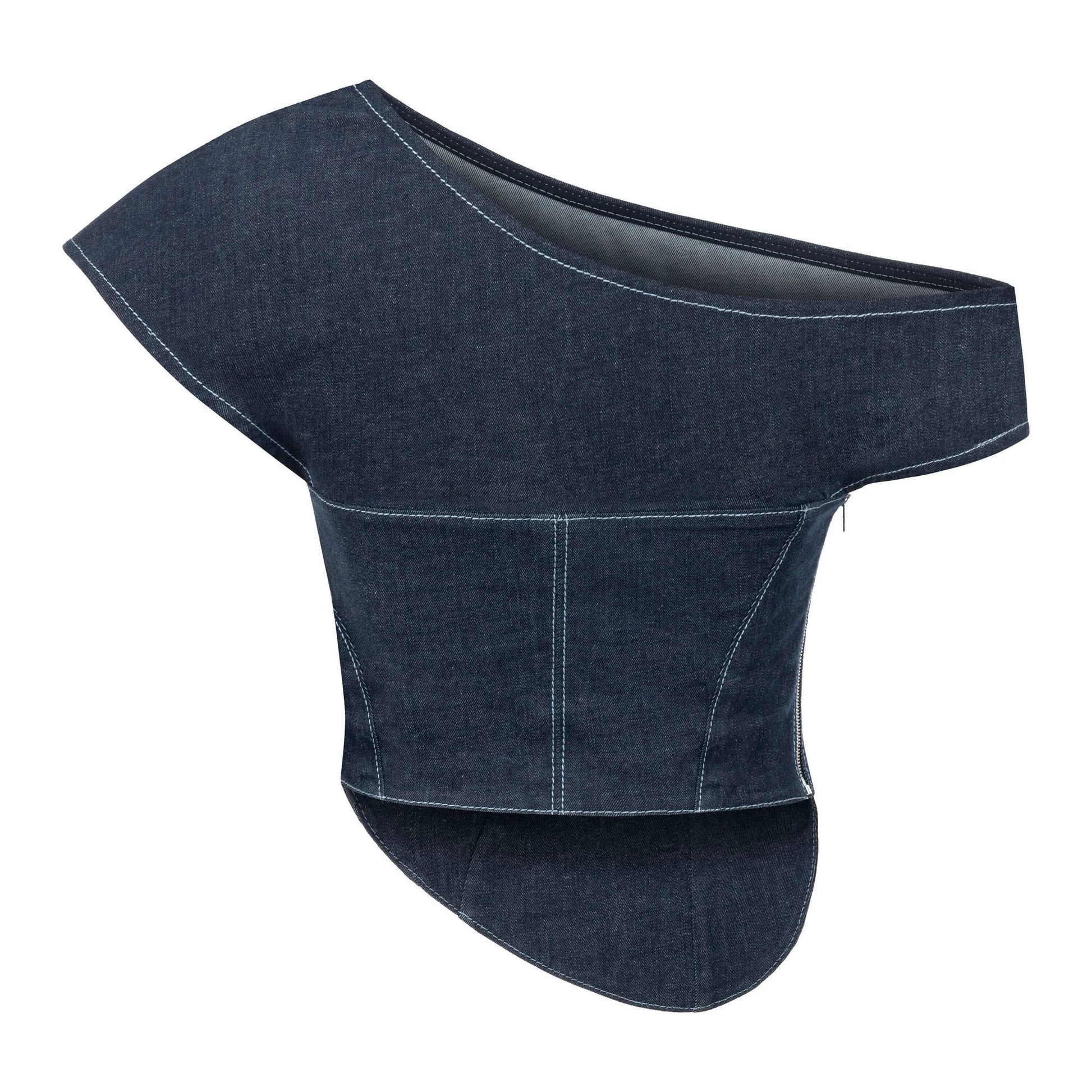 JENDUE Vonk Asymmetric Denim Top | Off-Shoulder Corset by Jendue
