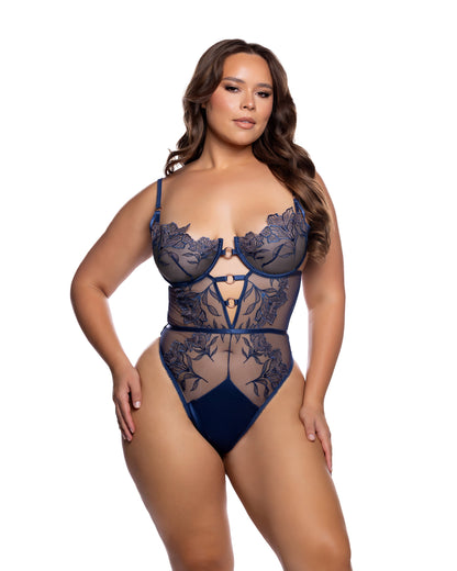 Aster Halo Metallic-Lace Plunge Teddy – Navy/Rose Gold
