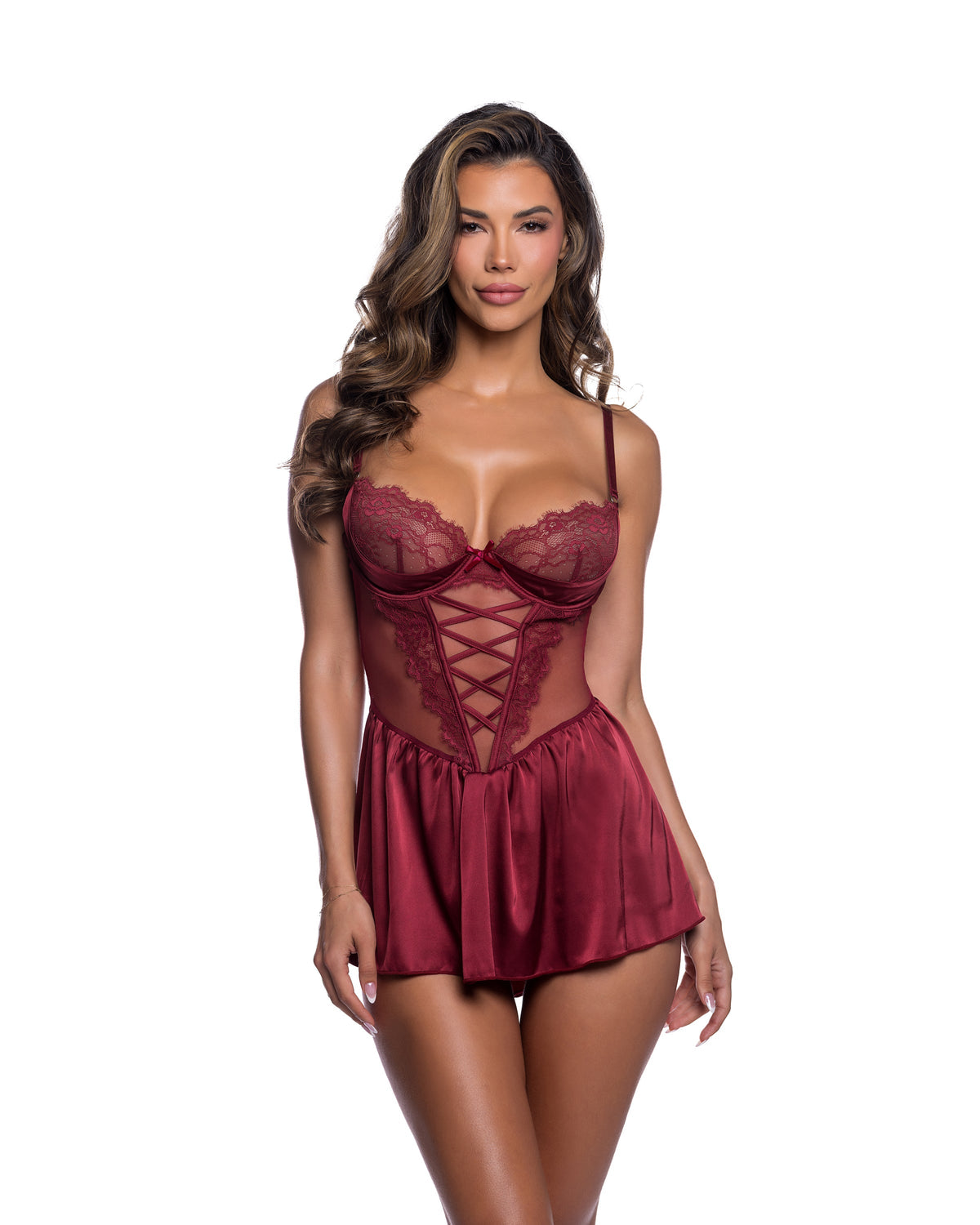 Haute Night Chantilly Lace & Satin Balconette Babydoll with Keyhole Back