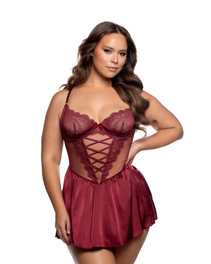 Haute Night Chantilly Lace & Satin Balconette Babydoll with Keyhole Back