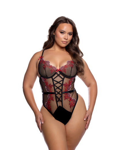 Rose Eclipse Embroidered Plunge Teddy – Hot Pink/Black
