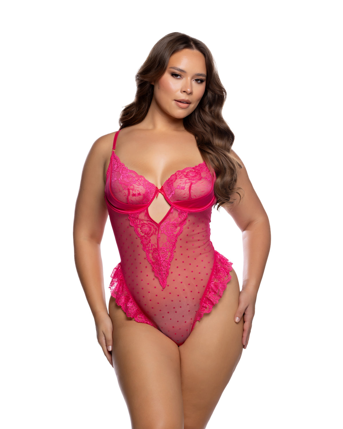 Pink Petal Waltz Lace-Ruffle Underwire Teddy – Hot Pink