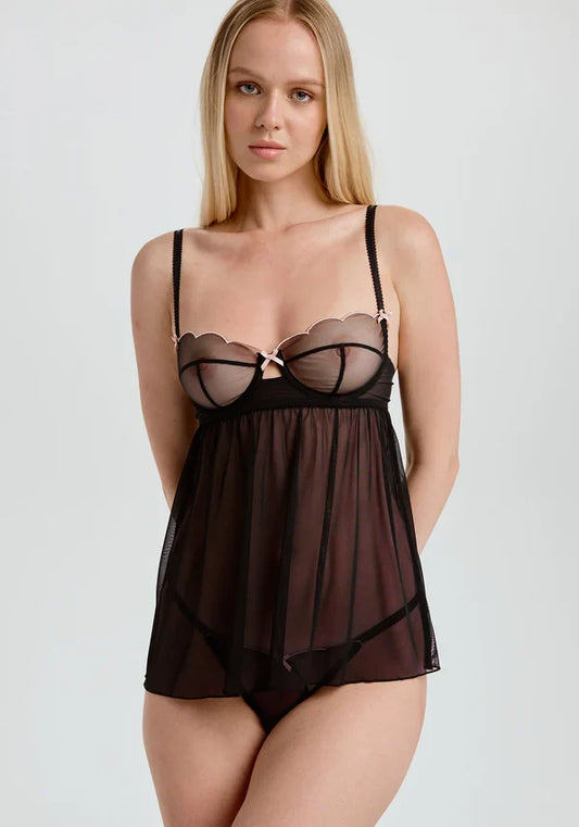 Blush Lulu Black Sheer Mesh Scallop Babydoll