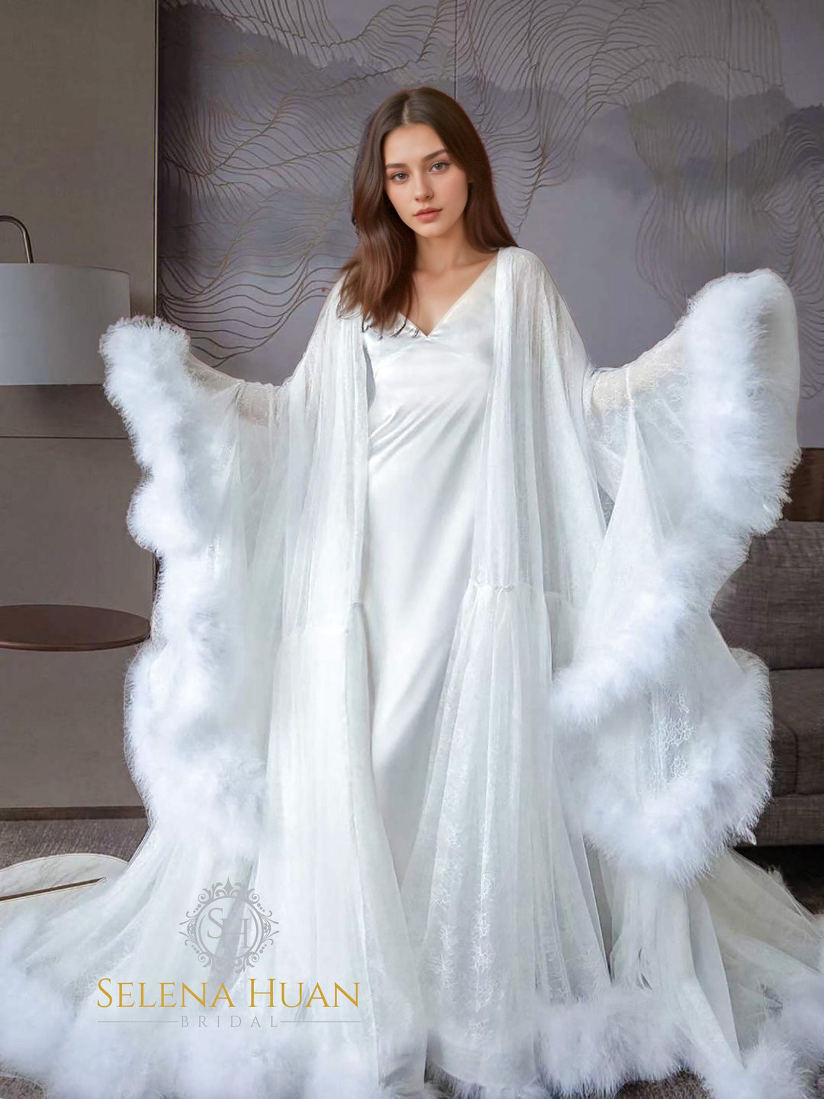 Seraphina Flourish Feather-Trim Robe and Nightgown Set