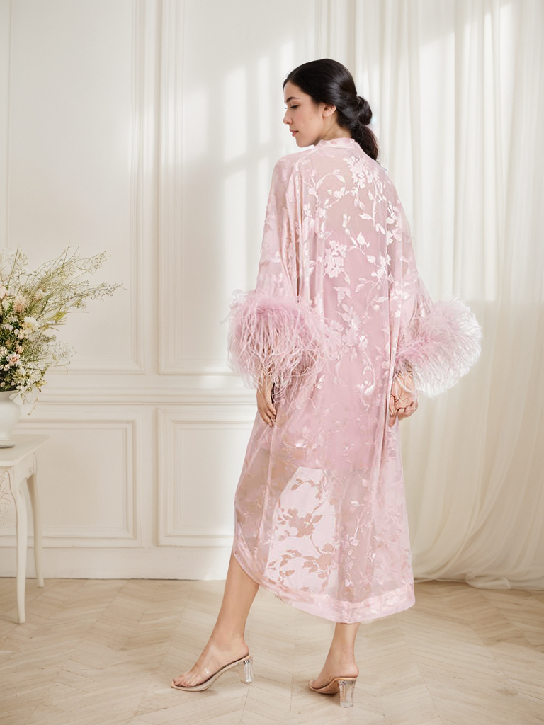 Serenelle Glimmer Sequin Lace Feather-Trim Robe