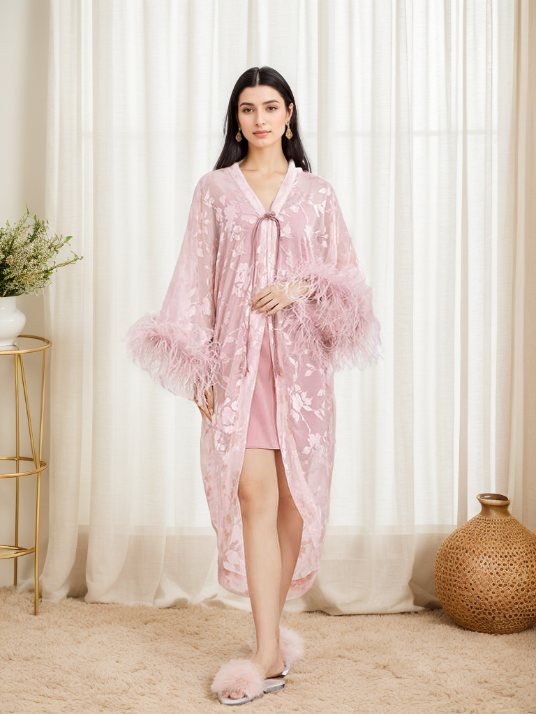 Serenelle Glimmer Sequin Lace Feather-Trim Robe