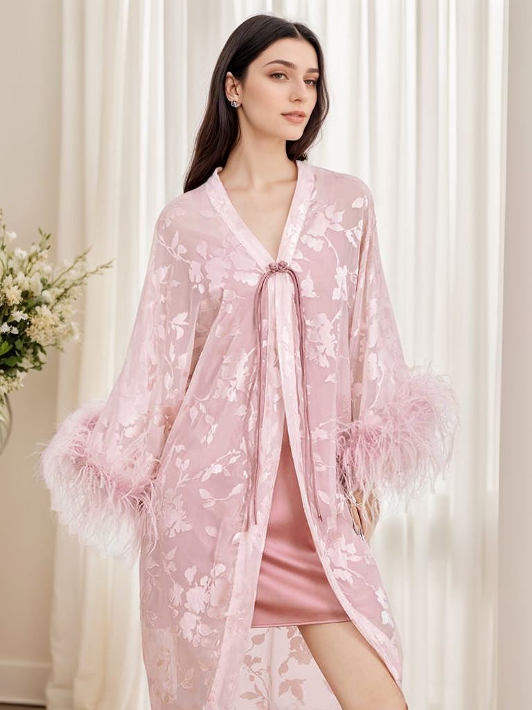 Serenelle Glimmer Sequin Lace Feather-Trim Robe